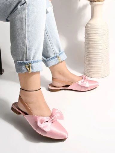 Stylestry Front Bow Décor Pointed Toe Flat Pink Sandals For Women & Girls
