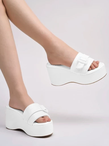 Stylestry Buckle Detailed White Platform Heels For Women & Girls