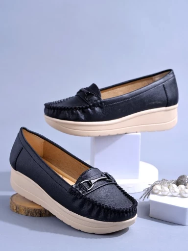 Stylestry upper Bow Detailed Black Loafers For Women & Gilrs