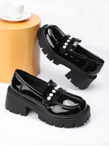 Stylestry Upper Beads Detailed Black Loafers For Women & Girls