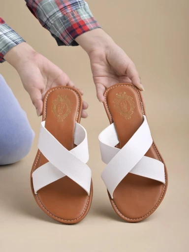 Stylestry Embellished Cross Strap White Flats For Women