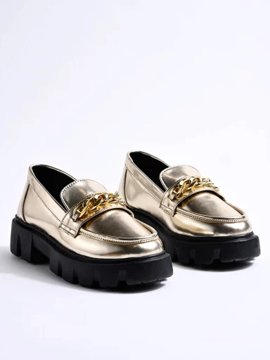 Shoetopia Smart Casual Chain Detailed Golden Loafers For Women & Girls