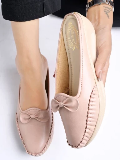 Stylestry Upper Bow Detailed Peach Slip-On Loafers For Women & Girls