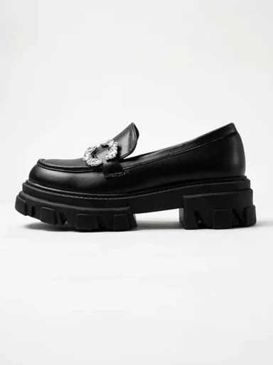 Shoetopia Side Studded Buckle Detailed Black Loafers For Women & Girls