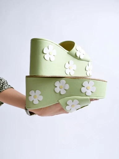 Shoetopia Flower Printed Detailed Green Platform Heels For Women & Girls