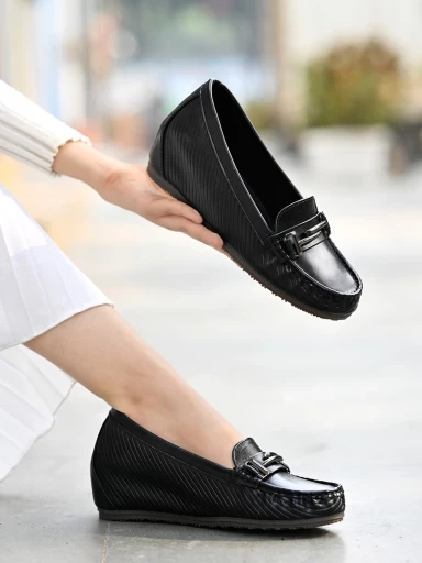 Stylestry Smart Casual Buckle Detailed Black Loafers For Women & Girls