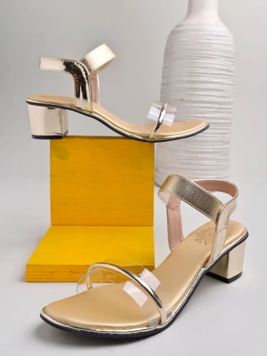 Stylestry Rhinestone Detailed Golden Shiny Block Heeled Sandals For Women & Girls
