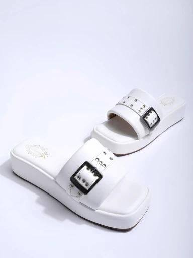 Stylestry Upper Buckle Detailed White Platform Heels For Women & Girls