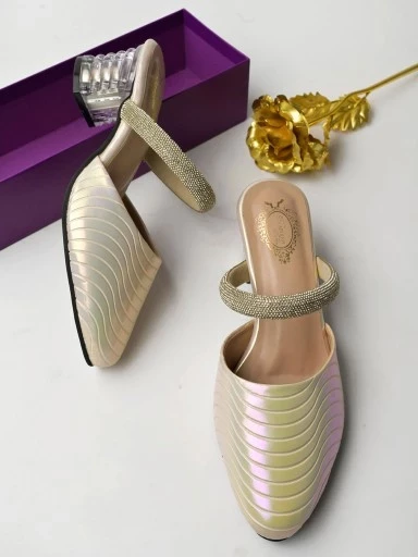 Stylestry Embellished Golden Daiamente Strap Heeled Mules For Women & Girls