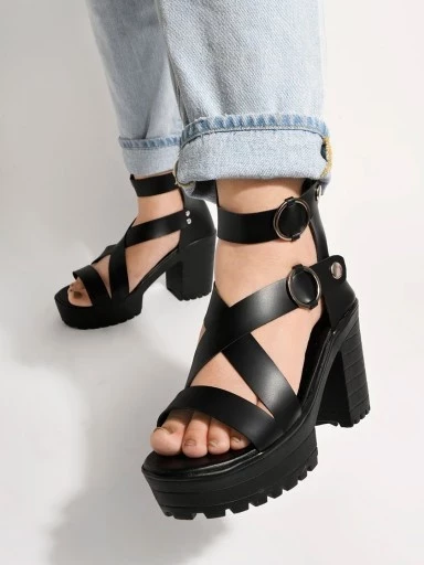 Stylestry Smart Casual Black Block Heeled Sandal For Women & Girls