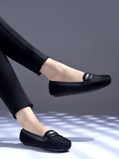 Stylestry upper Suede Detailed Black Loafers For Women & Girls