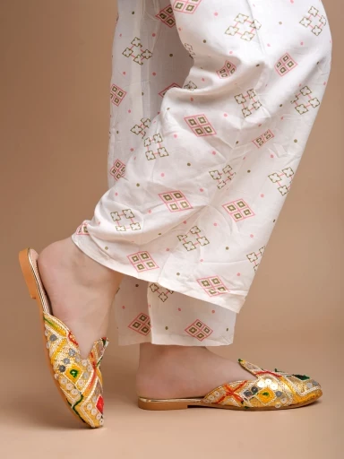 Stylestry Ethnic Gold Flat Mules For Women & Girls