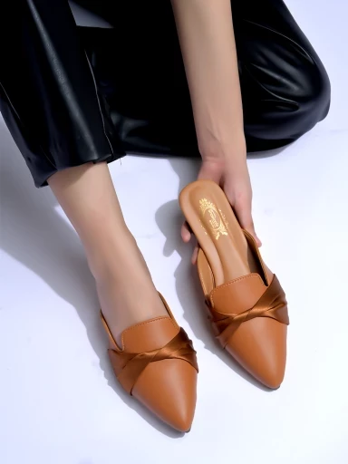 Stylestry Solid Pointed Toe Tan Flat Mules For Women & Girls