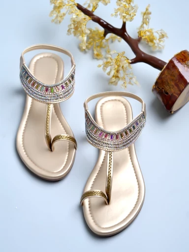 Stylestry Embellished Golden Flat Sandals For Women & Girls