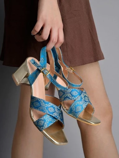 Stylestry Gold-Toned Printed Design Blue Block Heeled Sandals For Women & Girls
