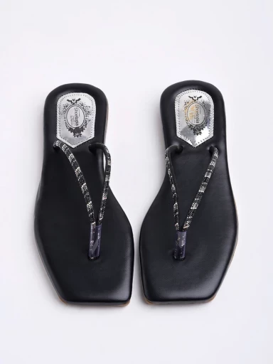 Stylestry Embellished Rhinestone thong Black Flats For Women & Girls