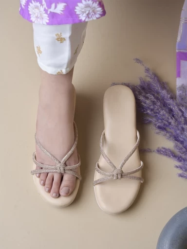 Stylestry Upper Embellished Rhinstone Strap Golden Heels For Women & Girls