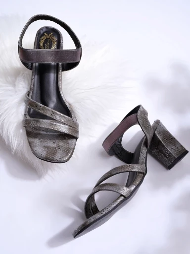 Stylestry Stylish Snake print Strappy Grey Block Heels For Women & Girls