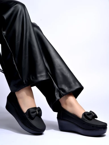 Stylestry Upper Bow Detailed Black Loafers For Women & Gilrs