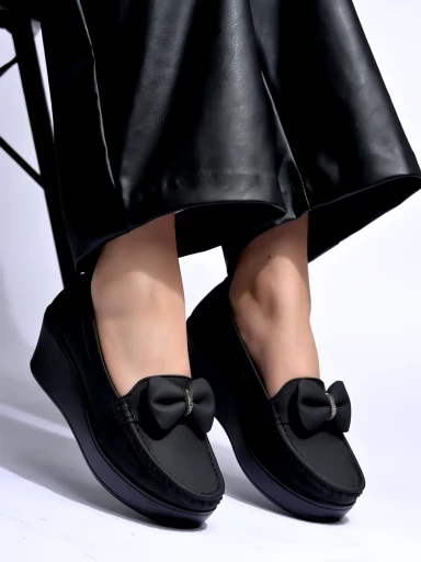 Stylestry Upper Bow Detailed Black Loafers For Women & Gilrs