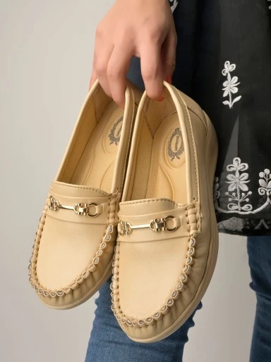 Stylestry Upper Metalic Buckle Detailed Beige Loafers For Women & Girls