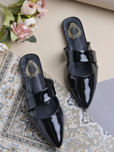 Stylestry Solid Pointed Toe Black Flat Mules For Women & Girls