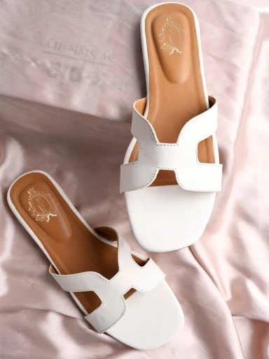 Stylestry Stylish Square Toe and Trendy H-shaped  White Flats For Women & Girls