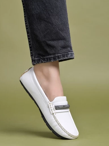 Stylestry upper Chain Detailed White Loafers For Women & Girls