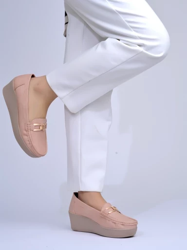 Stylestry Upper Buckle Detailed Peach Loafers For Women & Gilrs