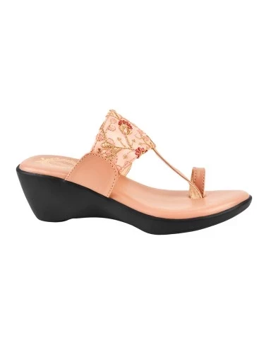 Stylestry Embroidered Ethnic Pink Kolhapuri Wedges For Women & Girls