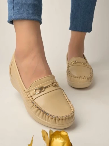 Stylestry Upper Metalic Buckle Detailed Beige Loafers For Women & Girls