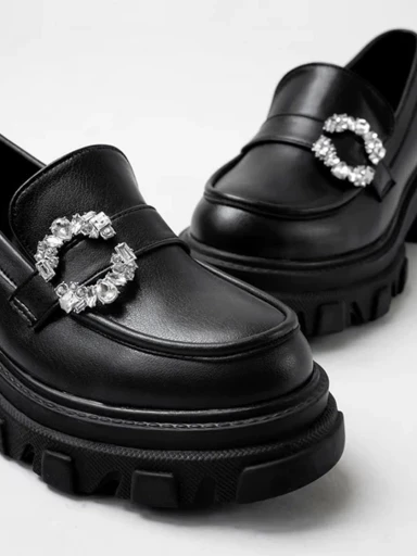 Shoetopia Side Studded Buckle Detailed Black Loafers For Women & Girls