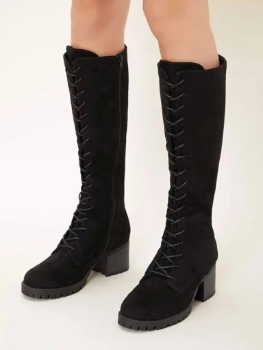 Stylestry Womens & Girls Black Solid Zipper & Lace Up Long Boots