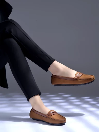 Stylestry upper Suede Detailed Tan Loafers For Women & Girls