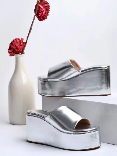 Stylestry Fashionable Solid Silver Platform Heels For Women & Girls