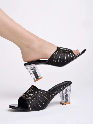 Stylestry Embellished Black Block Heels For Women & Girls