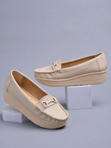 Stylestry upper Bow Detailed Cream Loafers For Women & Gilrs