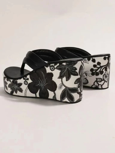 Stylestry Floral printed heel detailed Black Wedges For Women & Girls