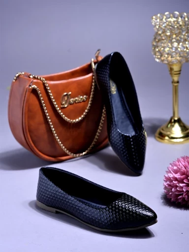 Stylestry Textured Black Ballerinas For Women & Girls