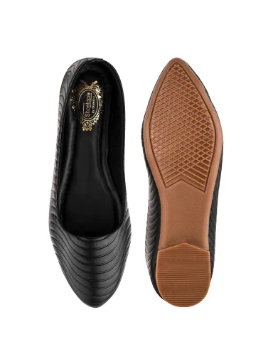 Stylestry Textured Black Ballerinas For Women & Girls