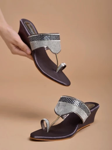 Stylestry Embellished Ethnic Grey Wedges For Women & Girls