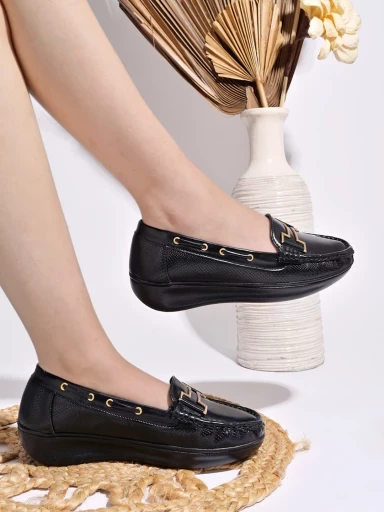Shoetopia upper Buckle Detailed Black Loafers For Women & Gilrs