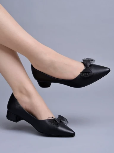 Stylestry Pointed Toe Bow Detailed Black Bellies For Women & Girls