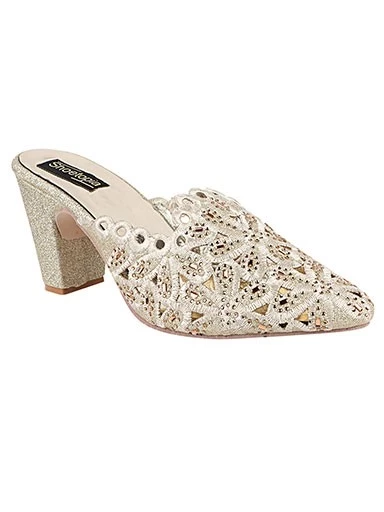 Stylestry Womens & Girls Gold-Toned & Silver-Toned Embellished Ethnic Block Mules with Laser Cuts
