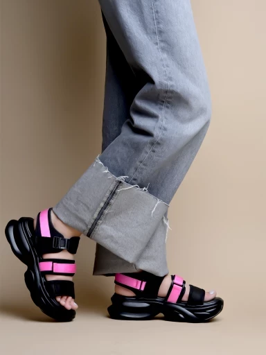 Stylestry Smart Casual Black & Pink Sporty Sandals For Women & Girls