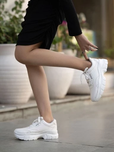 Shoetopia Lace-up Detail White Chunky Sneakers For Women & Girls