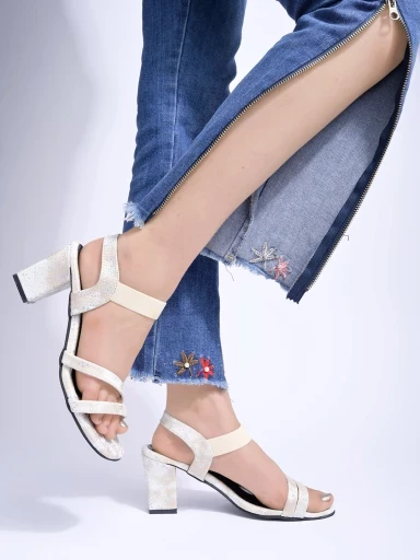Stylestry Stylish Snake print Strappy Cream Block Heels For Women & Girls