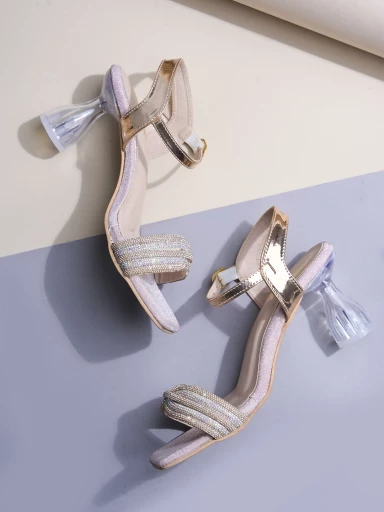 Stylestry Embellished Rhinstone Rose-Gold Heeled Sandals For Women & Girls