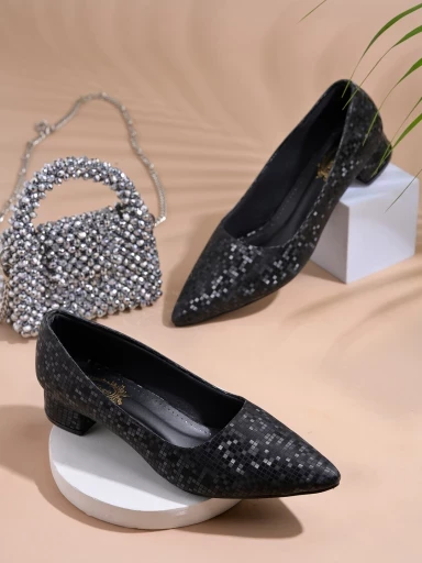 Stylestry Embellished Shimmery Black Pumps For Women & Girls.