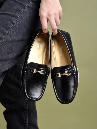Stylestry upper Buckle Detailed Black Loafers For Women & Girls
